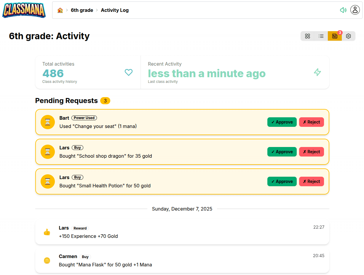 Stránka aktivít s čakajúcimi žiadosťami