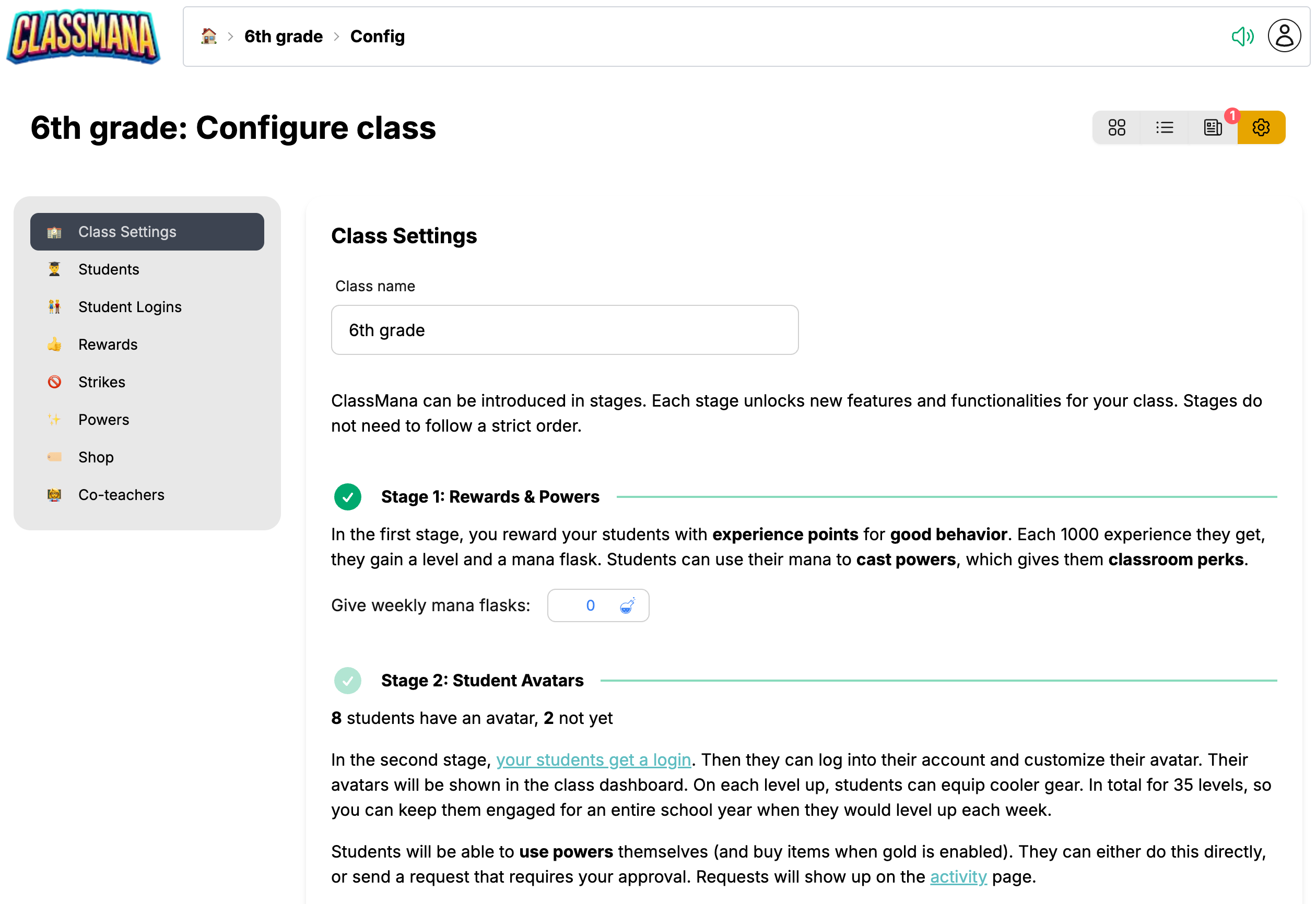 Obrazovka Nastavení triedy
