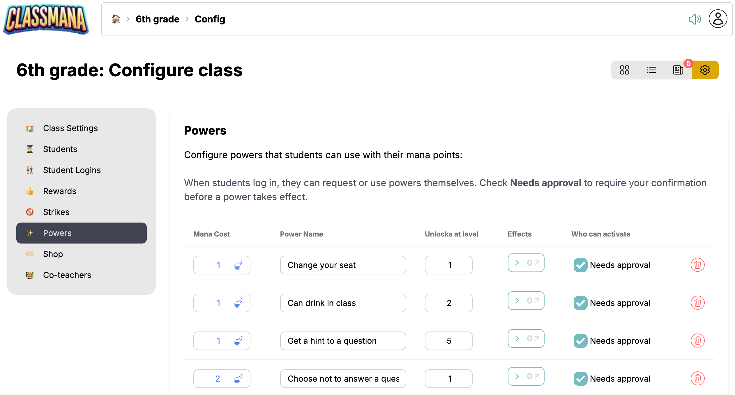 Nastavenia triedy Sily